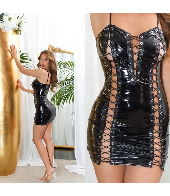 Sexy laklook jurkje met veters en doorlopende rits achterkant - zwart