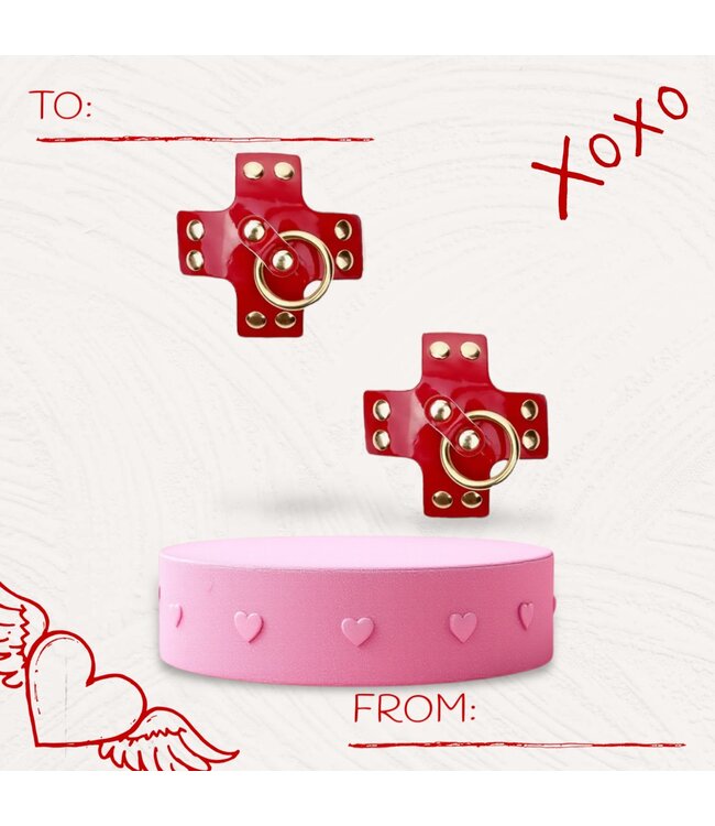 Sexy laklook kruis tepleplakker met studs en ring - rood