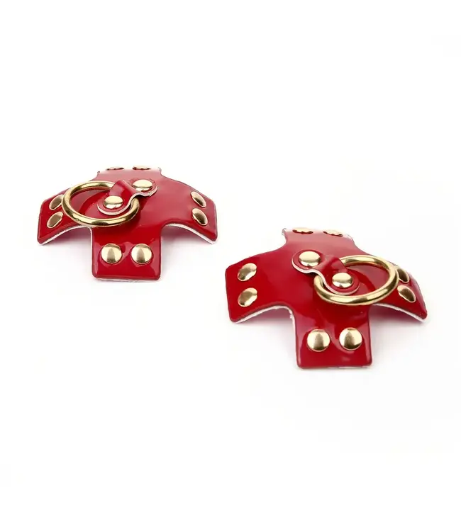 Sexy laklook kruis tepleplakker met studs en ring - rood