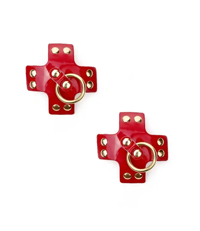 Sexy laklook kruis tepleplakker met studs en ring - rood