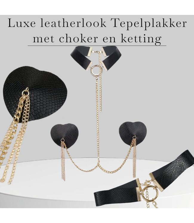 Luxe leatherlook zwarte tepleplakker met choker- zwart