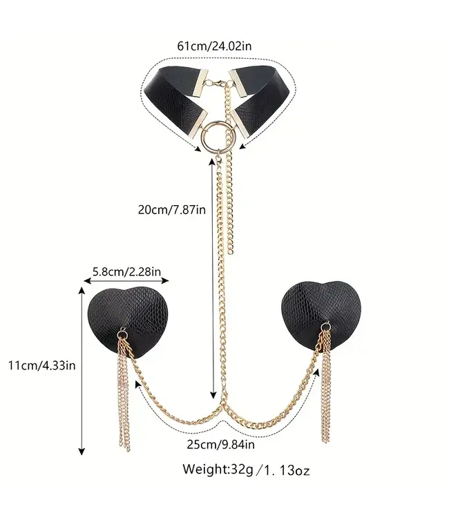 Luxe leatherlook zwarte tepleplakker met choker- zwart