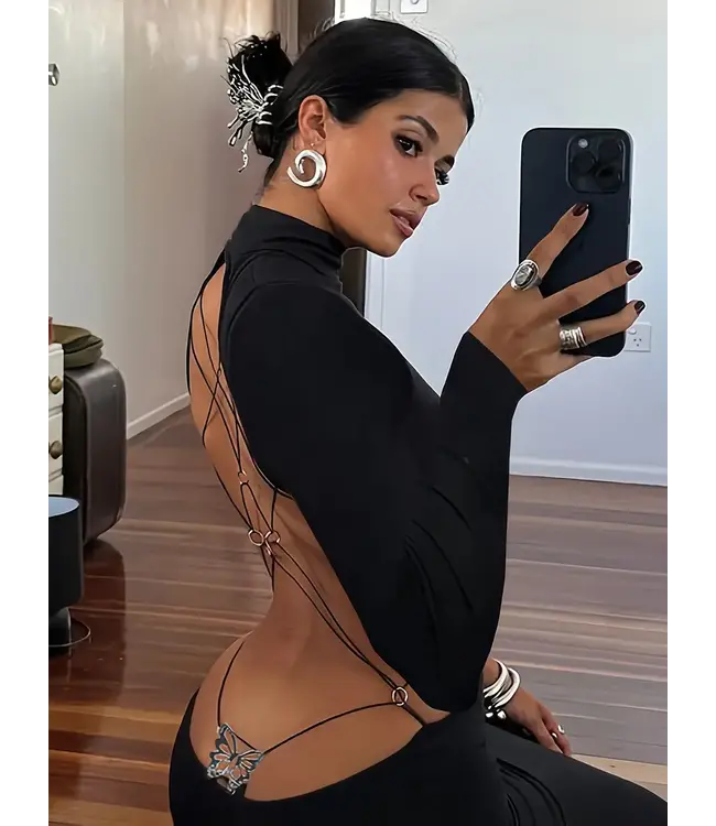 Sexy hoge neck bodycon jurkje met open rug en vlinder decoratie  - zwart