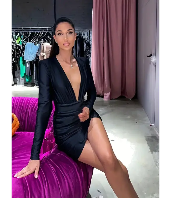 Sexy deep V neck bodycon jurkje - zwart