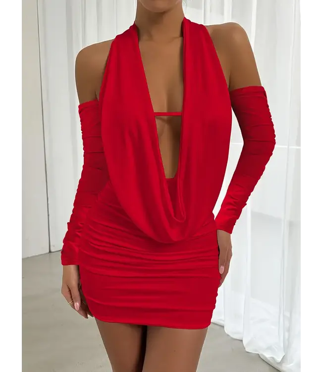 Sexy waterval jurkje met open rug en arm warmer - rood