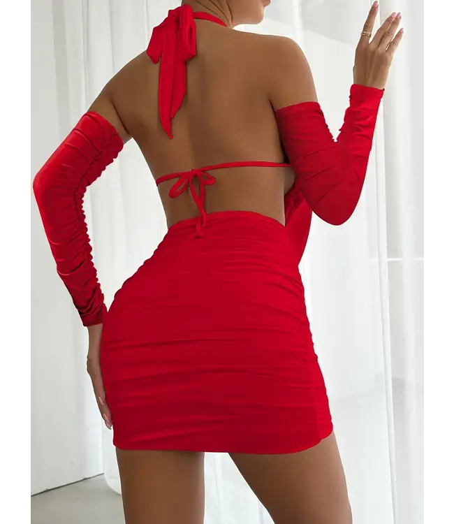 Sexy waterval jurkje met open rug en arm warmer - rood