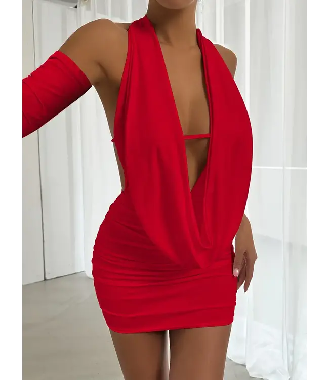 Sexy waterval jurkje met open rug en arm warmer - rood