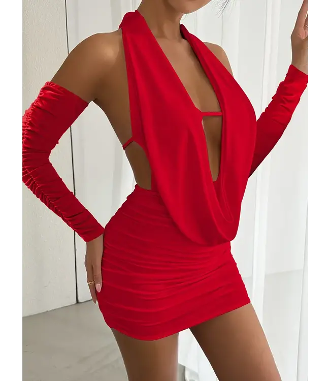 Sexy waterval jurkje met open rug en arm warmer - rood