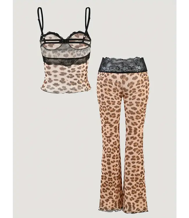 SUPER HOT SET! Sexy mesh open rug topje + broekje met kant en panterprint