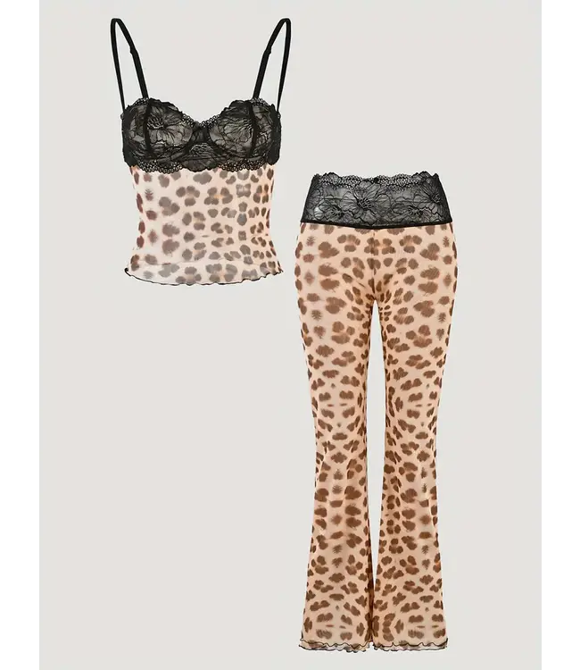 SUPER HOT SET! Sexy mesh open rug topje + broekje met kant en panterprint