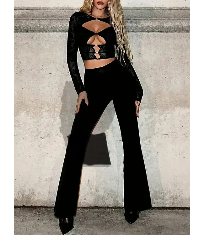 Sexy cut out floral print topje met mesh en kant - zwart