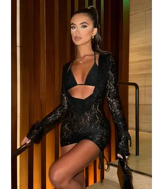 ClassyWear Sexy elegante waterval 2 in 1 kanten jurkje - zwart