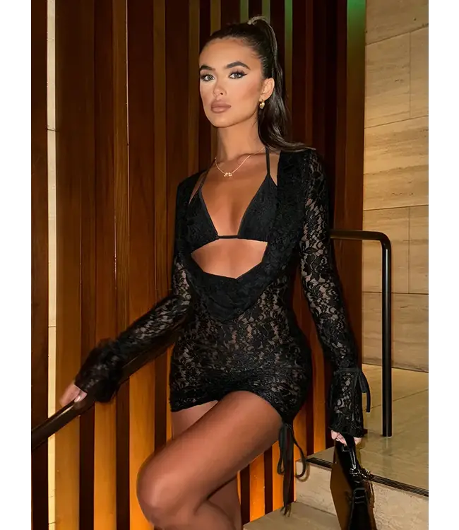 Sexy elegante waterval 2 in 1 kanten jurkje - zwart