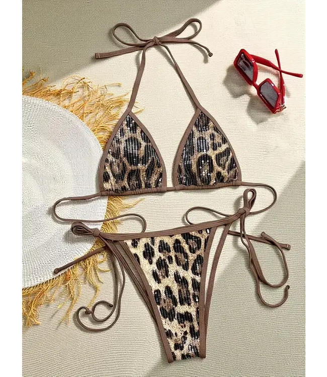 Sexy chic bikini setje met pailletten en panterprint