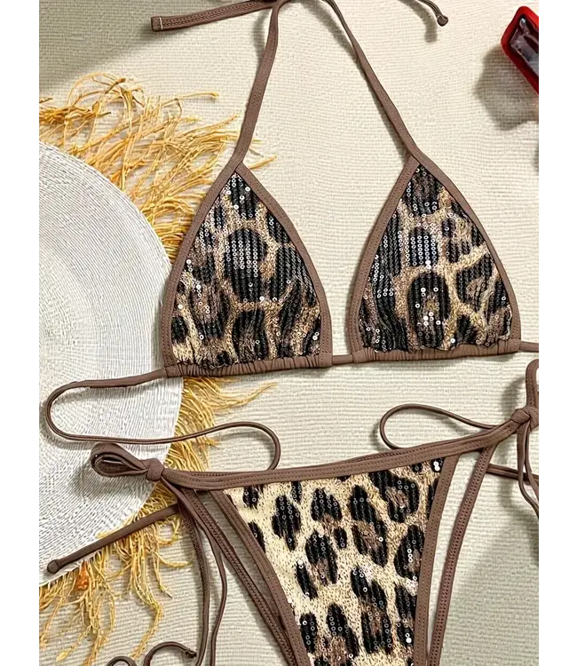 Sexy chic bikini setje met pailletten en panterprint