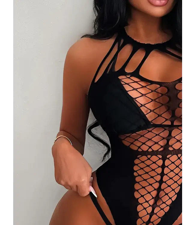 Sexy mesh bodysuit lingerie met cut out en visnet - zwart