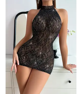 ClassyWear Sexy open rug mesh lingerie jurk met kant en rhinestone - zwart