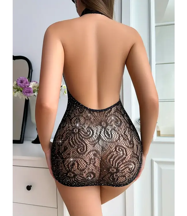 Sexy open rug mesh lingerie jurk met kant en rhinestone - zwart