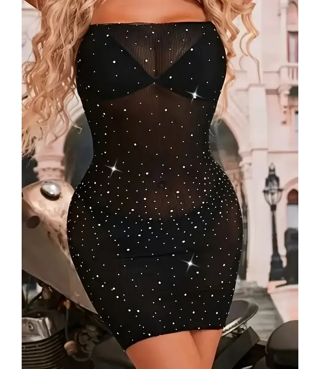 Sexy mesh lingerie jurk met choker en rhinestone  - zwart
