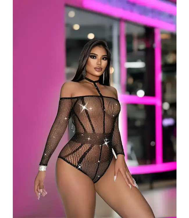 Sexy visnet bodysuit lingerie met rhinestone - zwart