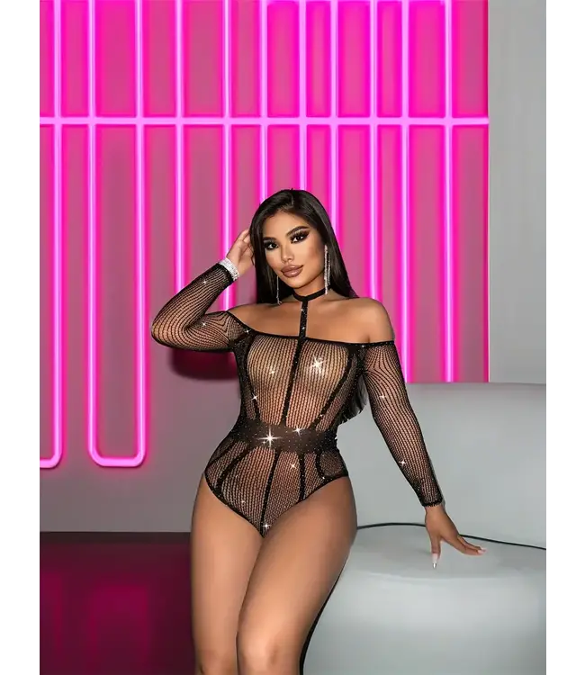 Sexy visnet bodysuit lingerie met rhinestone - zwart