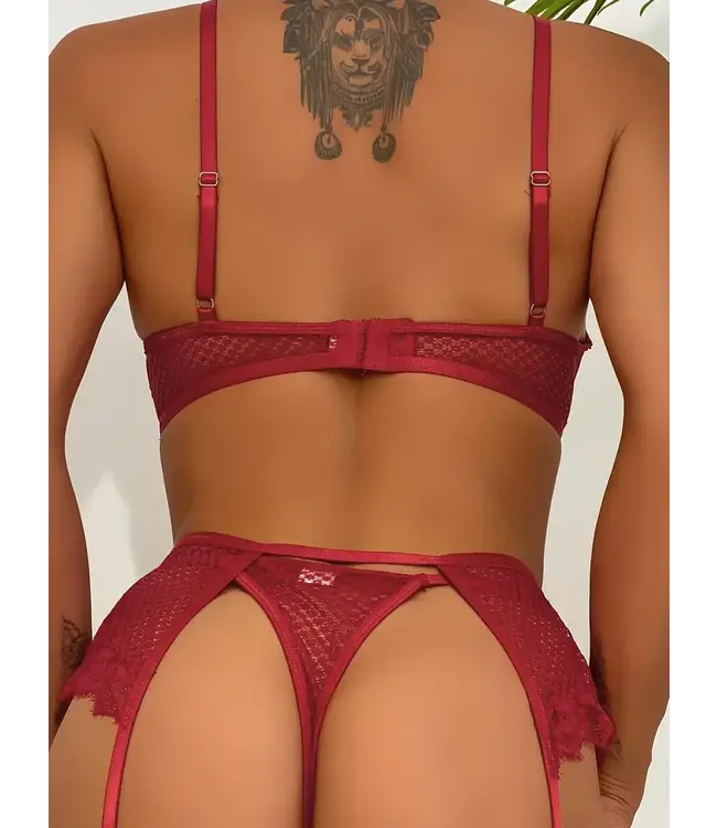 Sexy 4-delige mesh lingerie set met ketting - burgundy