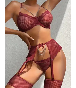 ClassyWear Sexy 4-delige mesh lingerie set met ketting - burgundy