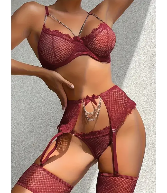 Sexy 4-delige mesh lingerie set met ketting - burgundy