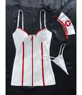 ClassyWear Sexy nurse jurkje met doorlopende rits 3 delige set - wit
