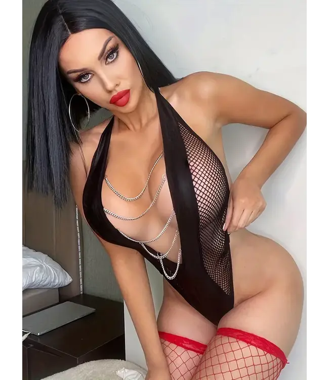 Sexy visnet bodysuit lingerie met ketting en open rug - zwart