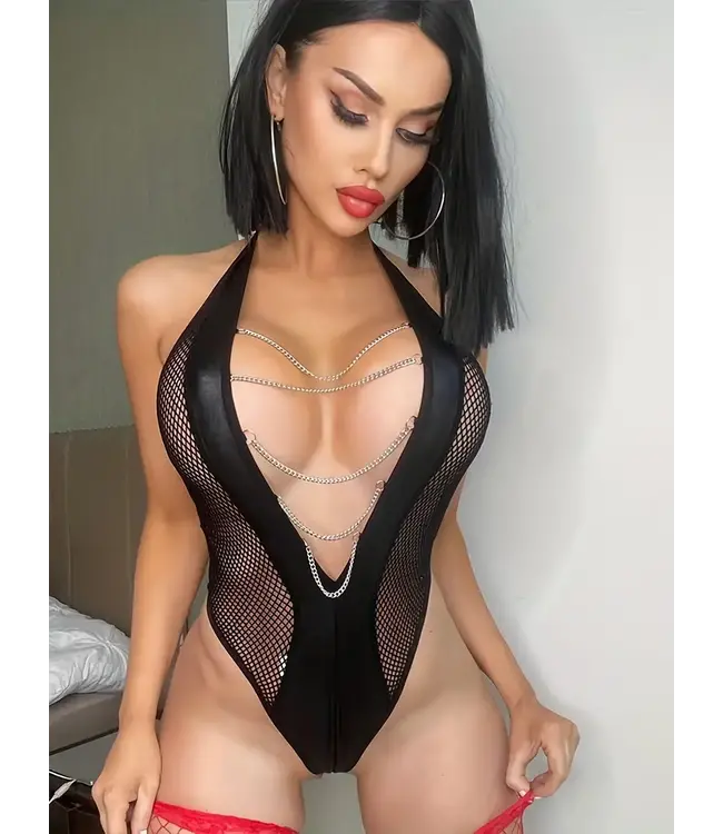 Sexy visnet bodysuit lingerie met ketting en open rug - zwart
