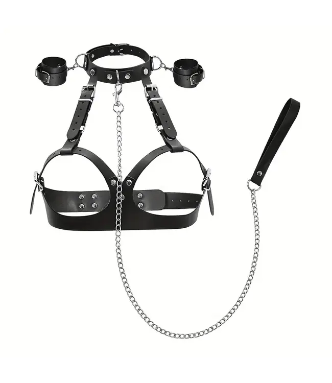 HOT NU! Erotic PU leren band verstelbare speeltje met ketting -zwart