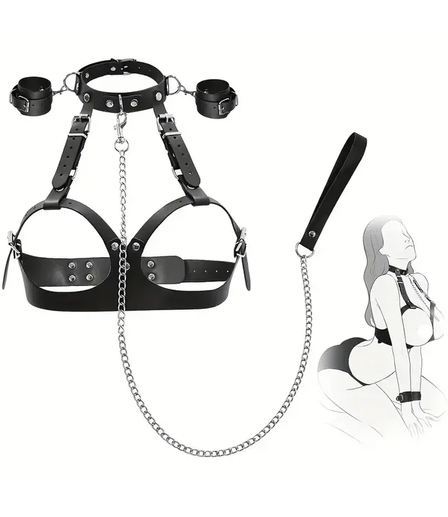HOT NU! Erotic PU leren band verstelbare speeltje met ketting -zwart