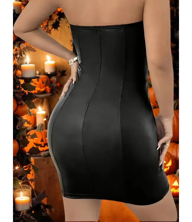 Sexy wetlook jurkje met cut outs en veters (incl.string) - zwart