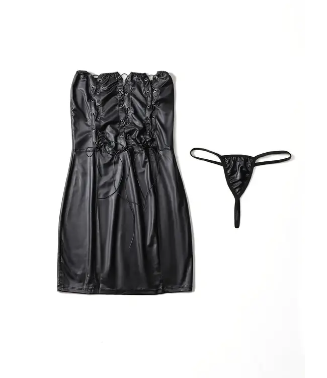 Sexy wetlook jurkje met cut outs en veters (incl.string) - zwart