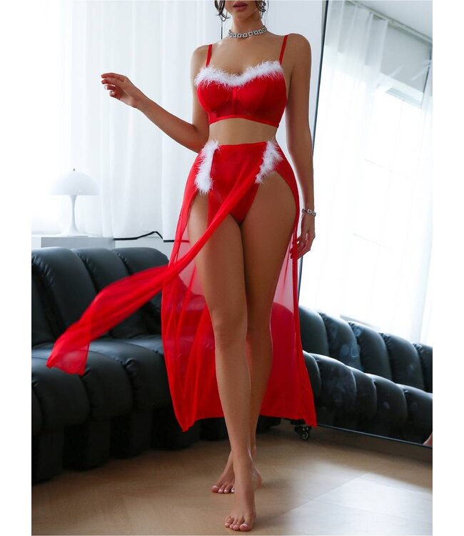 'Naughty List' Sexy kerst mesh lingerie bh + rokje + string met bont