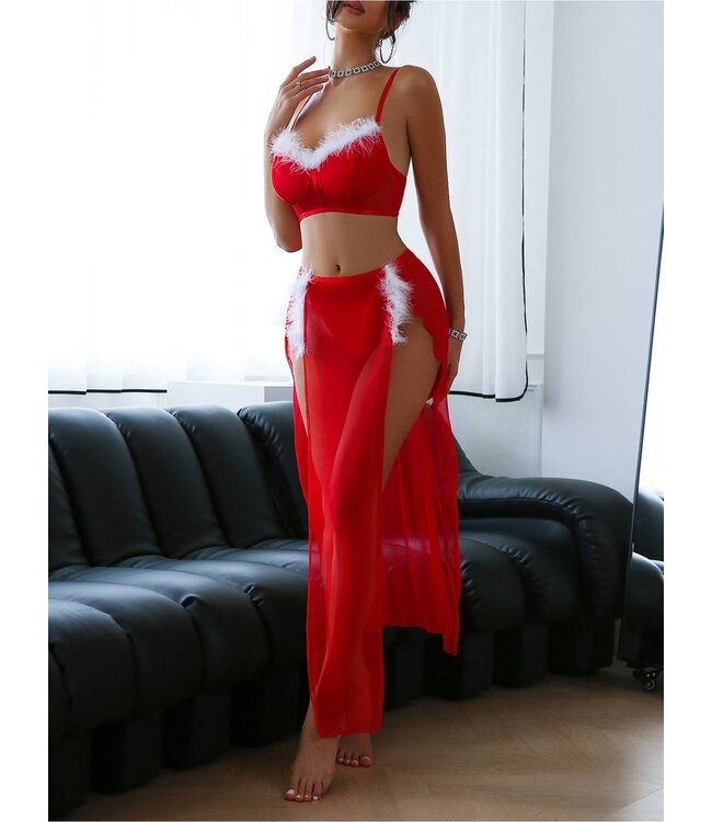 'Naughty List' Sexy kerst mesh lingerie bh + rokje + string met bont