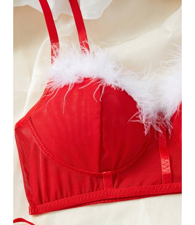 'Naughty List' Sexy kerst mesh lingerie bh + rokje + string met bont