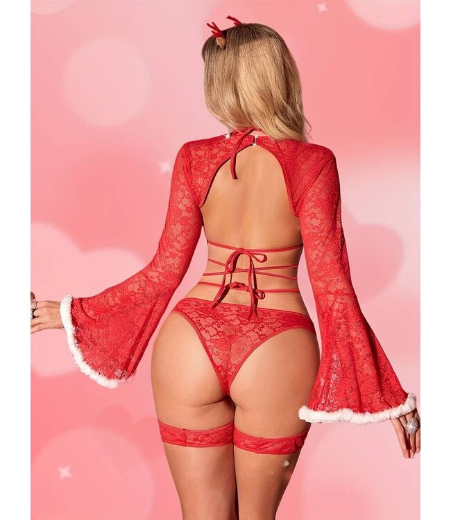 Luxe kerst kanten lingerie 3-delige set met bont - rood
