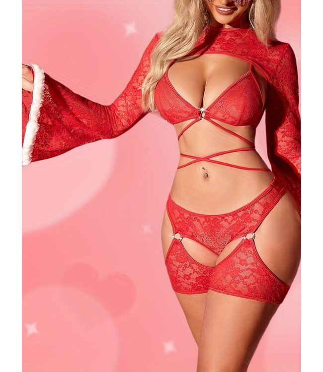 Luxe kerst kanten lingerie 3-delige set met bont - rood