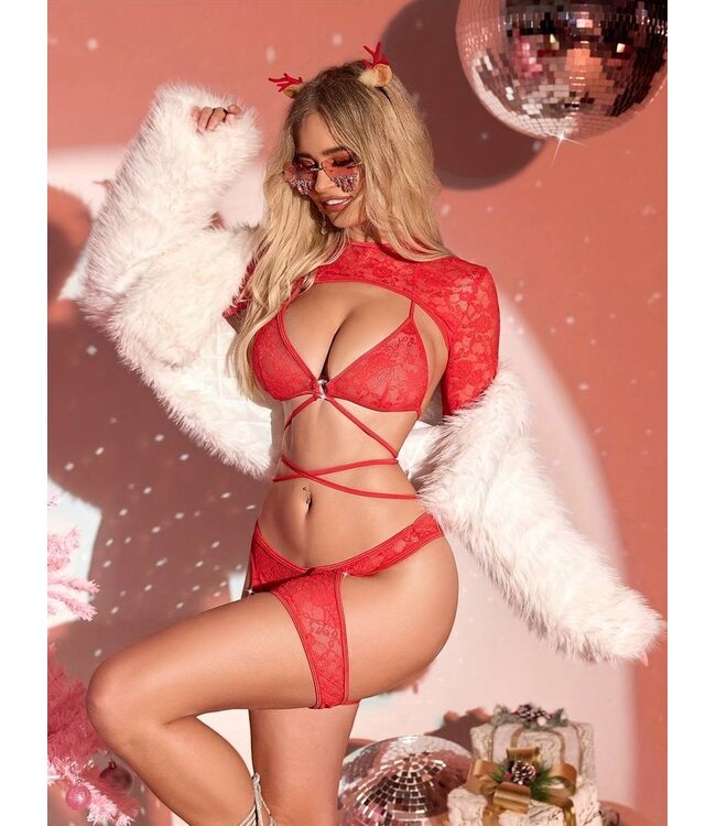 Luxe kerst kanten lingerie 3-delige set met bont - rood
