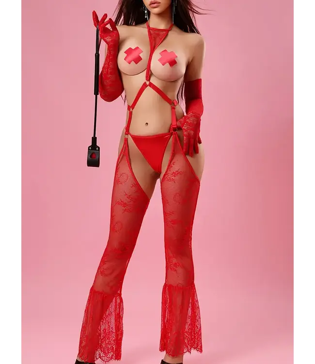 Luxe unique kanten lingerie bodysuit 4-delig setje - rood