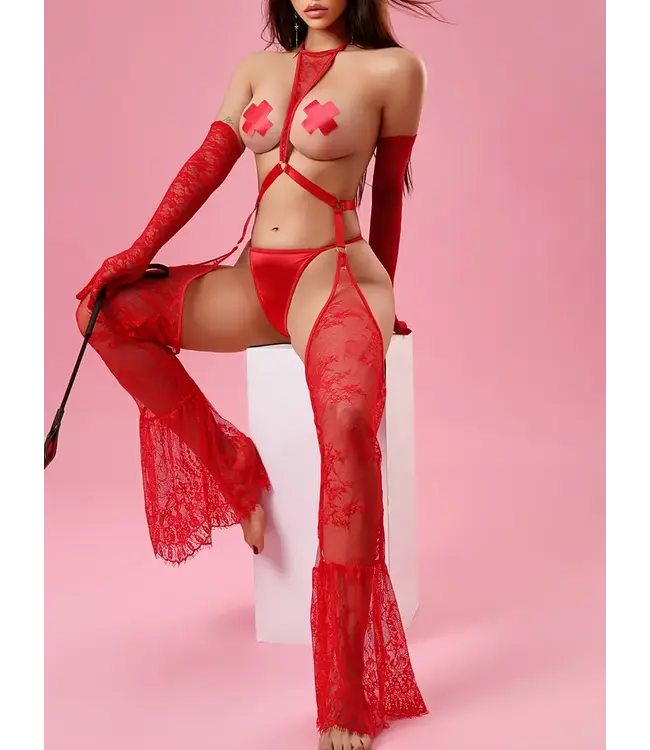 Luxe unique kanten lingerie bodysuit 4-delig setje - rood