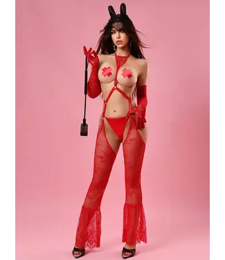 ClassyWear Luxe unique kanten lingerie bodysuit 4-delig setje - rood