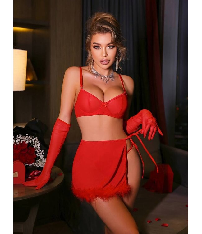 Luxe elegante 4-delige lingerie set met bont - rood