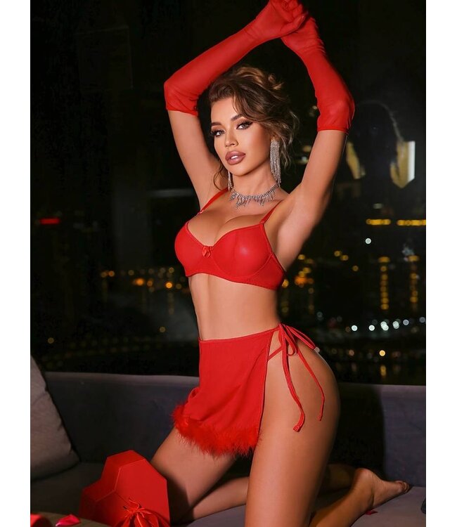 Luxe elegante 4-delige lingerie set met bont - rood
