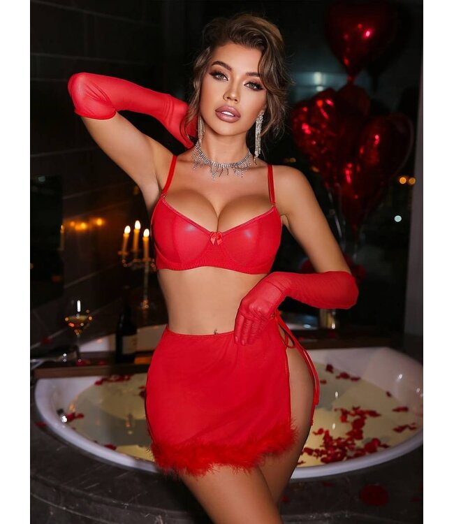 Luxe elegante 4-delige lingerie set met bont - rood