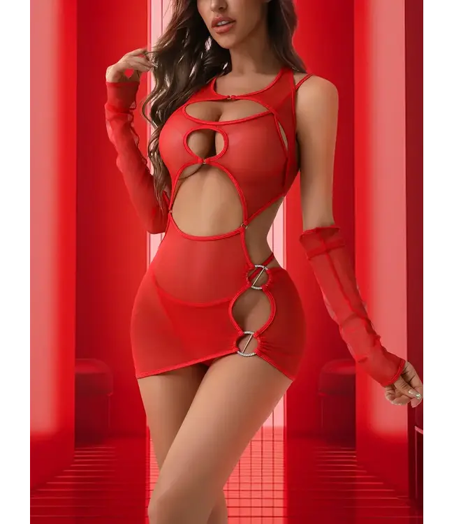 Sexy 3-delige mesh lingerie set met cut out - rood