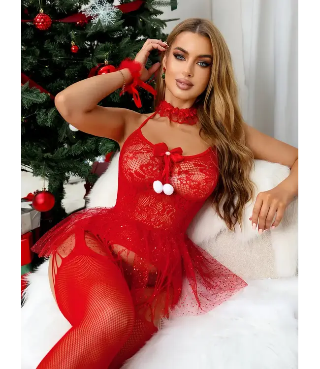 'NAUGHTY NIGHT' Kerst open achterkant bodystocking lingerie met  glitter rokje en decoratie -rood