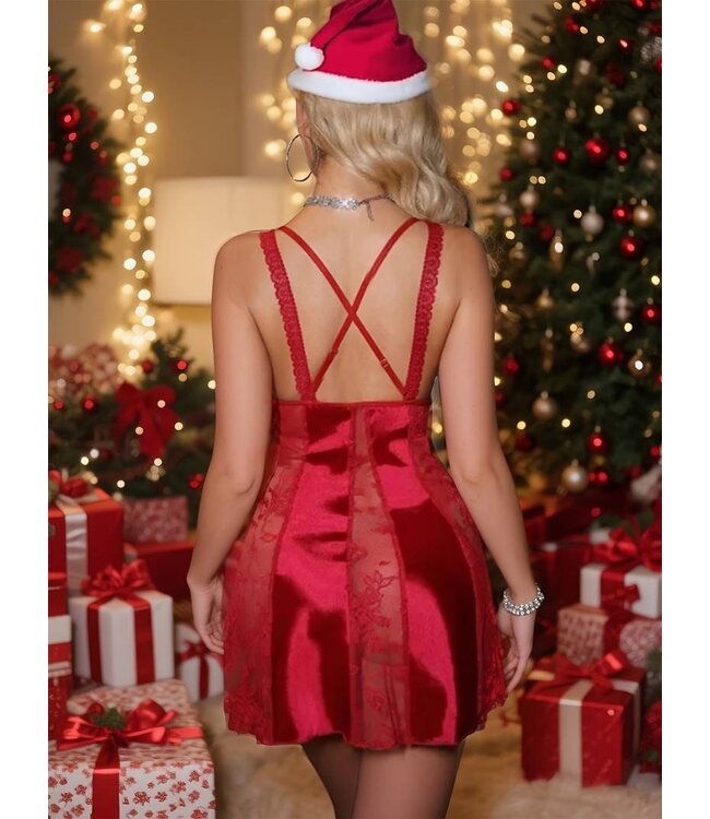 Luxe satijnen kerst lingerie jurk met kant en bont -rood